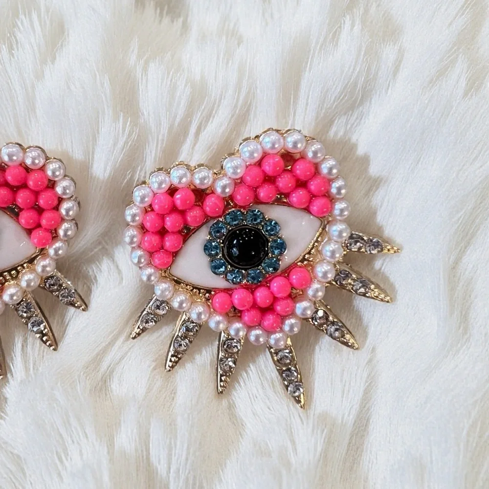 Pink White Gold Heart Rhinestone Evil Eye Post Earrings with Spikes